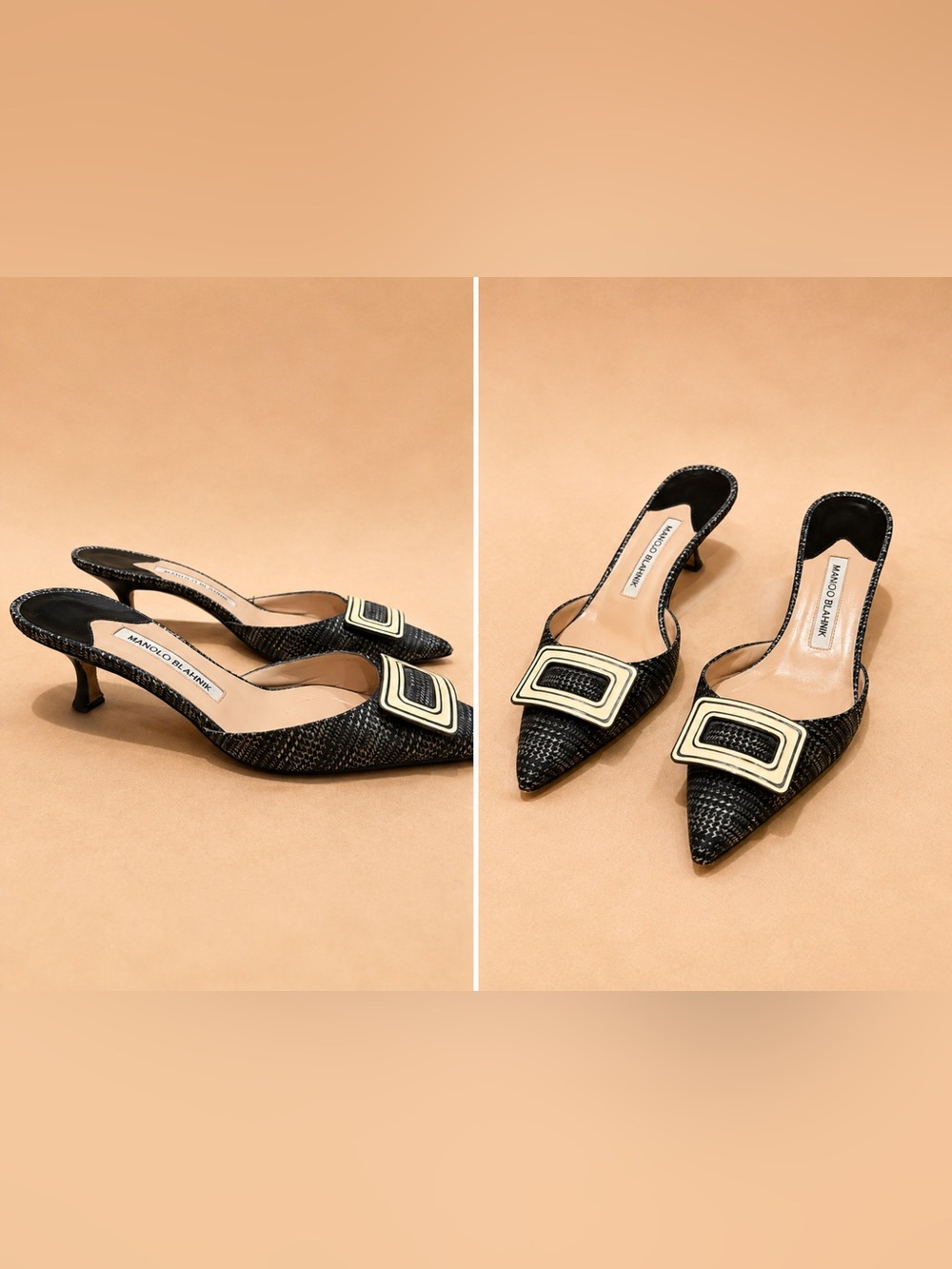 Manolo Blahnik Black Pointed Mule with Cream Square Buckle